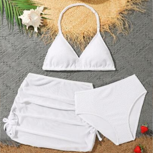 NWOT Girls Textured White Bikini With Sheer Coverup Skirt Size 11 Years - Picture 1 of 4